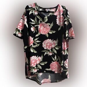 LuLaRoe Irma Tunic L Black Pink Floral Rose High Low Tunic EUC